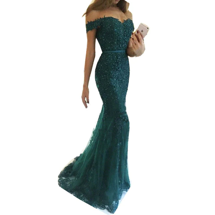 Dio Women's Luxurious Off Shoulder Boat Neck Lace Appliques Mermaid Evening Dresses - Dio Kollections