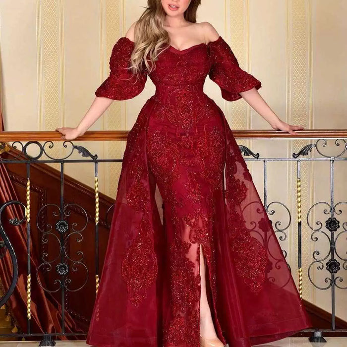 Dio Women's Sexy V Neck Red Lace Evening Party Dress With Trailing Tail. - Dio Kollections