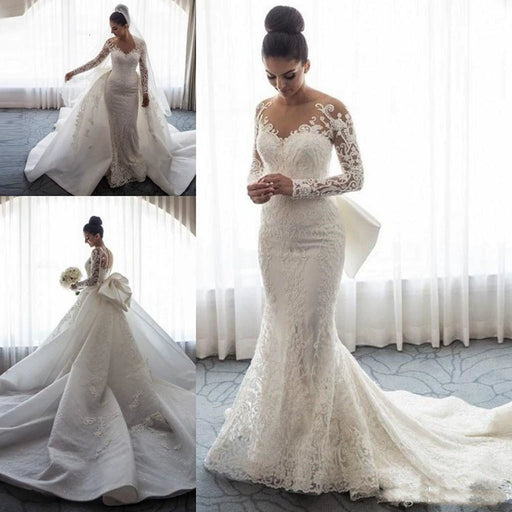 Dio Women's Luxury White Long Sleeve Mermaid 2 Pieces Detachable Train Bride Boho Wedding Dress - Dio Kollections