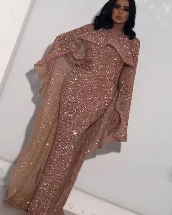 Dio Glitter shawl Sequin Rose Gold Long Sleeve Luxury Formal Prom Party Evening Gown Mermaid Prom Vestido - Dio Kollections