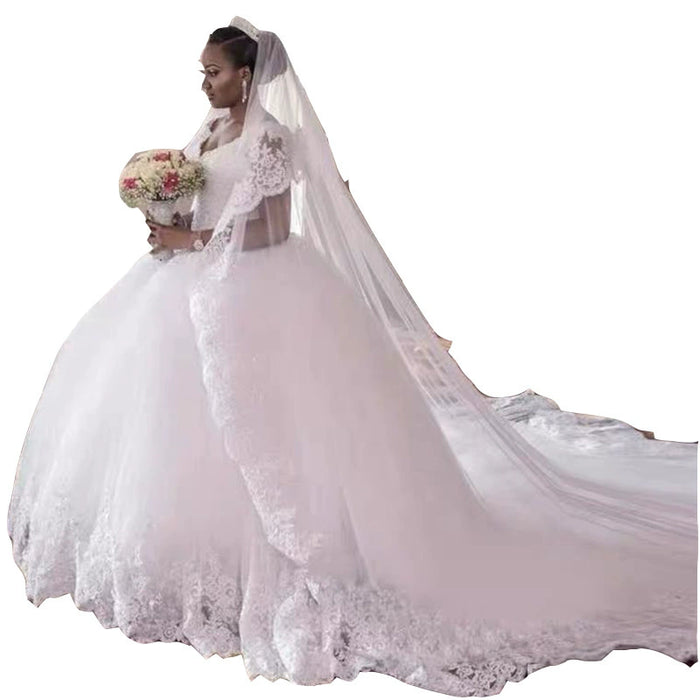 Dio Women's Sleeveless Beading Gorgeous Lace Appliques V-Neck Court Train Plus Size Bridal White Ball Gown Wedding Dresses - Dio Kollections