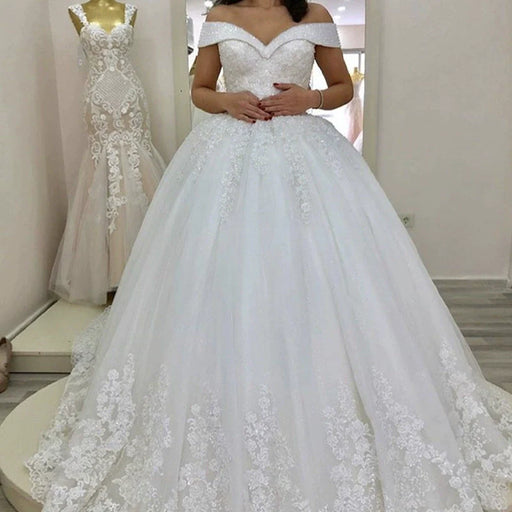 Dio Women's Luxury Crystal Beaded Lace Applique Court Train Lace Up Back Tulle Bridal Wedding Dresses - Dio Kollections