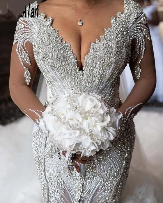 Dio Women's Sexy Crystal Beaded Diamond Luxury Mermaid V-neck Long Sleeve Ruffle Train Wedding Dress - Dio Kollections