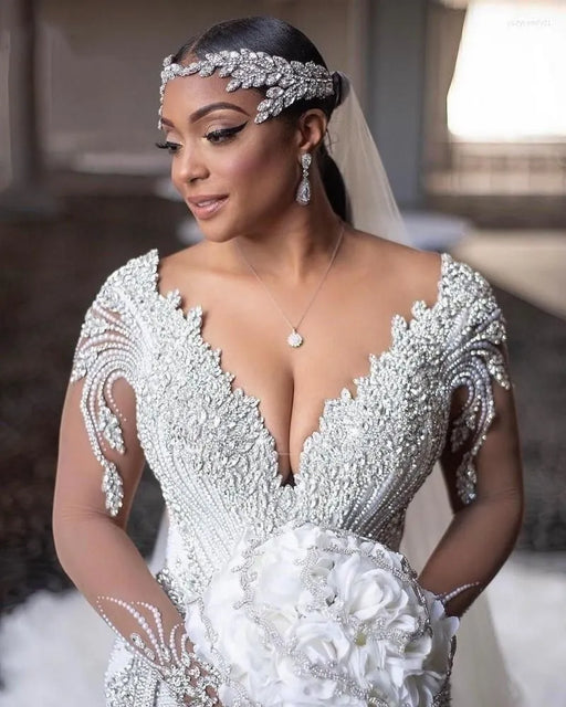 Dio Women's Sexy Crystal Beaded Diamond Luxury Mermaid V-neck Long Sleeve Ruffle Train Wedding Dress - Dio Kollections