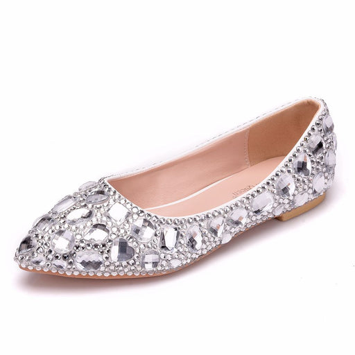 Dio Women's Luxury Pointed Toe Rhinestone Shallow Mouth Flat Heel Bridal Wedding Shoes - Dio Kollections