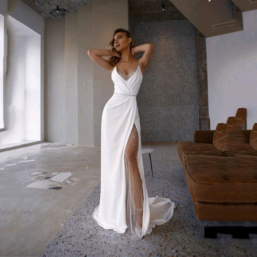 Dio Women's Sexy Slit Chiffon Sheath Wedding Dress Sequins Spaghetti Straps Bride Robes White Bridal Gown - Dio Kollections
