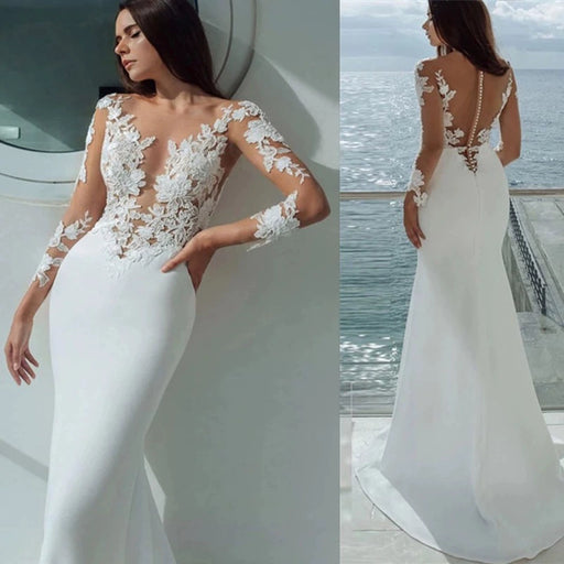 Dio Women's Sexy White Long Sleeves Appliques Lace Illusion Neck Bridal Mermaid Wedding Dress - Dio Kollections