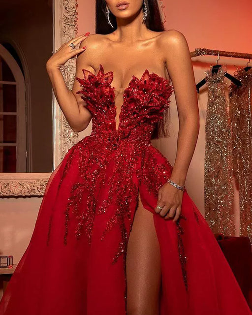Dio Women's Luxury Sexy Red Strapless Sleeveless Lace Applique Sequin Tulle Prom Gown - Dio Kollections