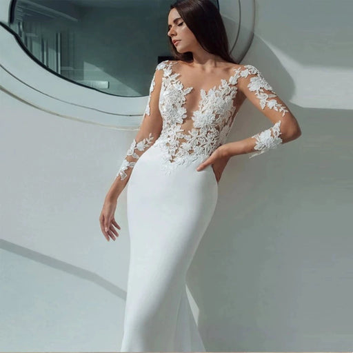 Dio Women's Sexy White Long Sleeves Appliques Lace Illusion Neck Bridal Mermaid Wedding Dress - Dio Kollections