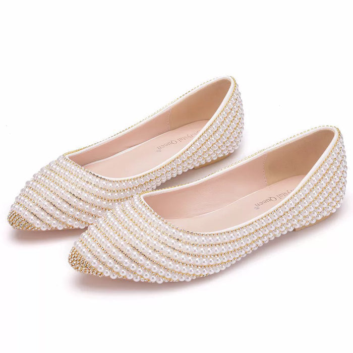 Dio White Silver Crystal Queen Rhinestone Flats Wedding Shoes - Dio Kollections