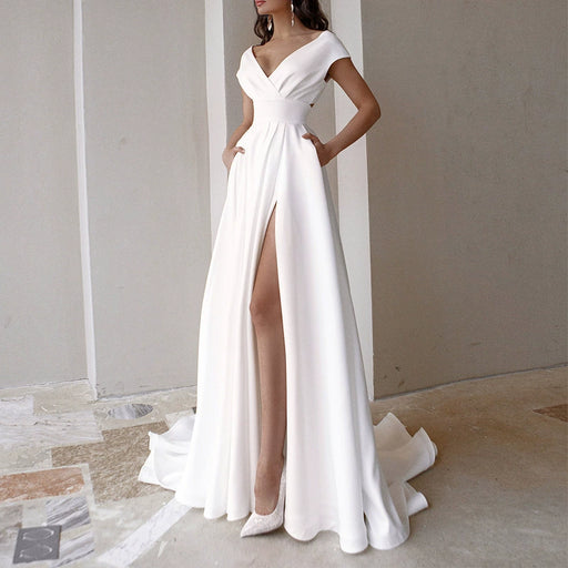 Dio Women's Simple Modern Chiffon Elegant V Neck Wedding Dress Cap Sleeve Sexy Slit Bride Dresses - Dio Kollections