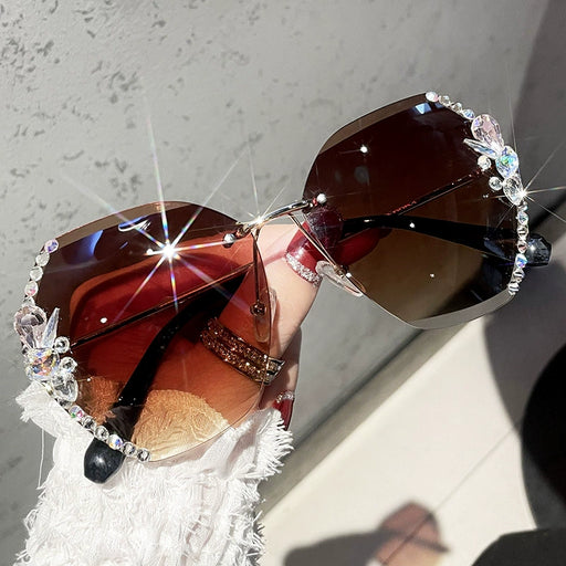 Dio Women's Luxury Designer Gradient Vintage Rimless Rhinestone Lens Sunglasses - Dio Kollections