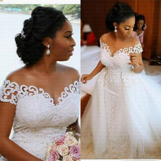 Dio Women's Elegant Off the Shoulder African Mermaid Lace Wedding Dress With Detachable Train - Dio Kollections