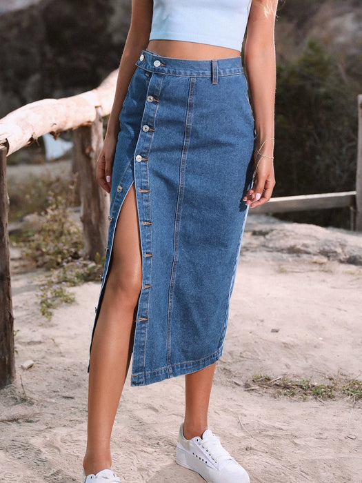 Dio Women's Summer Denim Breasted Split Straight Mid Calf Skirt With Buttons - Dio Kollections