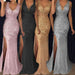 Dio Women's Luxury Bling V Neck Mermaid Split Long Dress Party Dress Evening Dress - Dio Kollections