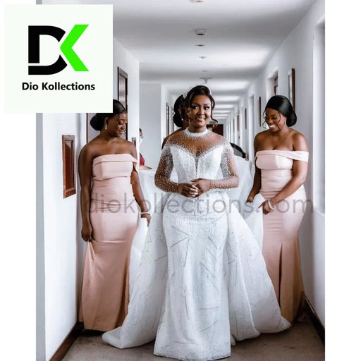 Dio Womens Charming Sheer Neck Long Sleeves Heavy Beaded Mermaid Wedding Dresses With Detachable