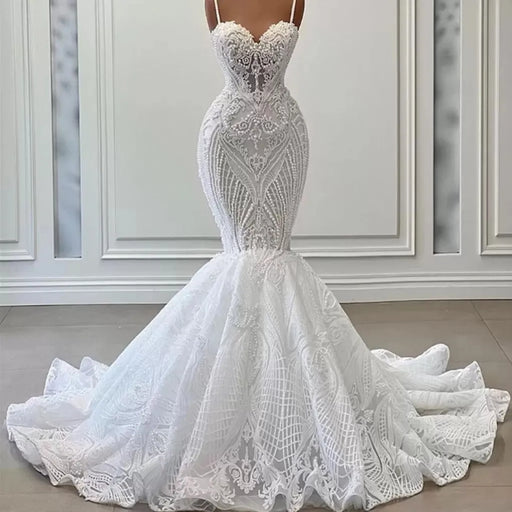 Dio Women's Luxury Pearls Sleeveless Spaghetti Straps Lace Appliques Bridal Mermaid Wedding Dresses - Dio Kollections