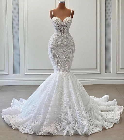 Dio Women's Luxury Pearls Sleeveless Spaghetti Straps Lace Appliques Bridal Mermaid Wedding Dresses - Dio Kollections