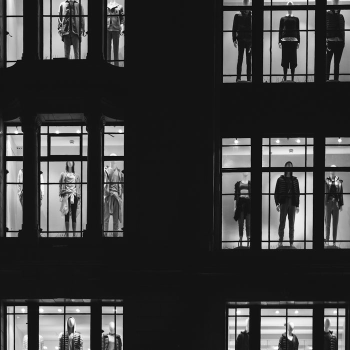 mannequin in front of windows