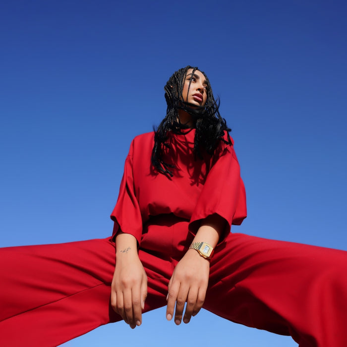 a person in a red dress