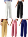 Five pairs of wide-leg pants in different colors on a white background