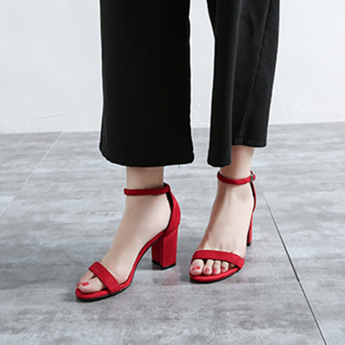 Buckle Strap Chunky Heel Open Toe Black Suede High Heel Sandals 33-41