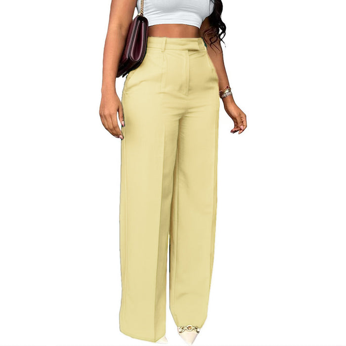 Light yellow wide-leg pants worn by a person on a white background