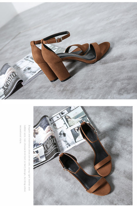 Buckle Strap Chunky Heel Open Toe Black Suede High Heel Sandals 33-41