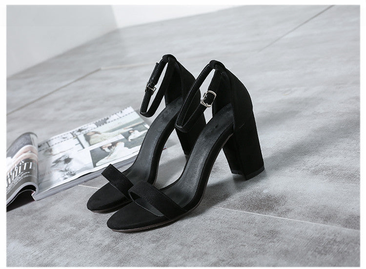 Buckle Strap Chunky Heel Open Toe Black Suede High Heel Sandals 33-41