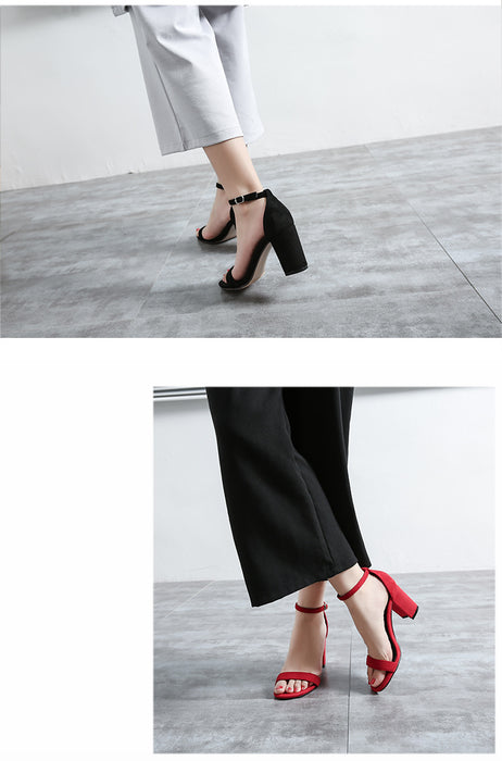 Buckle Strap Chunky Heel Open Toe Black Suede High Heel Sandals 33-41
