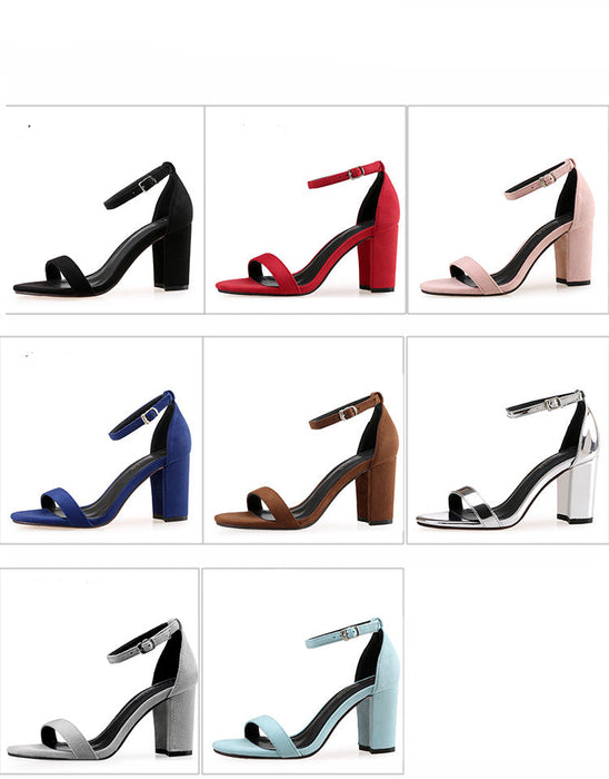 Buckle Strap Chunky Heel Open Toe Black Suede High Heel Sandals 33-41