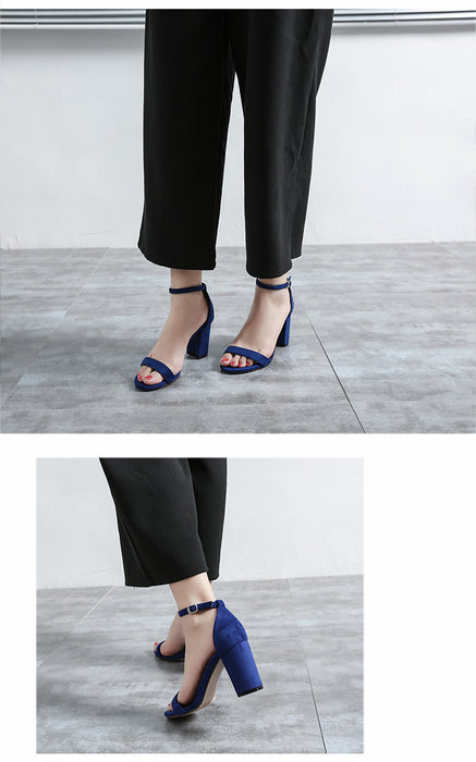 Buckle Strap Chunky Heel Open Toe Black Suede High Heel Sandals 33-41