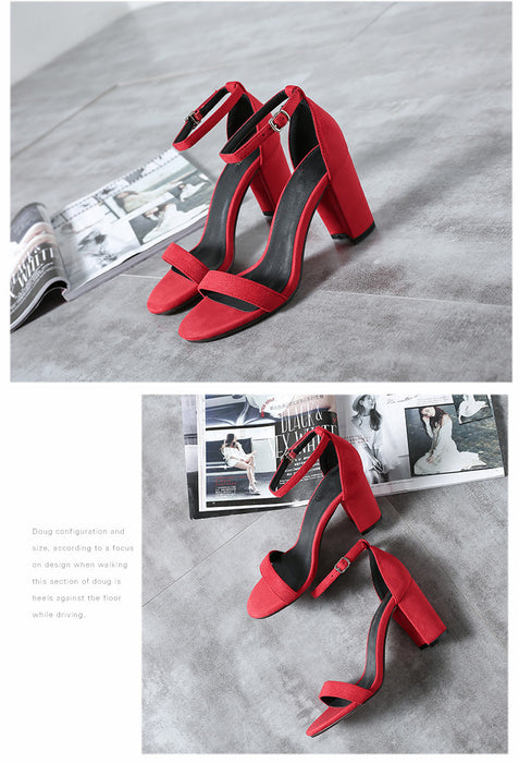 Buckle Strap Chunky Heel Open Toe Black Suede High Heel Sandals 33-41