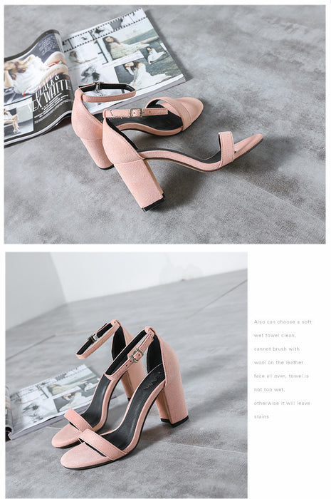 Buckle Strap Chunky Heel Open Toe Black Suede High Heel Sandals 33-41