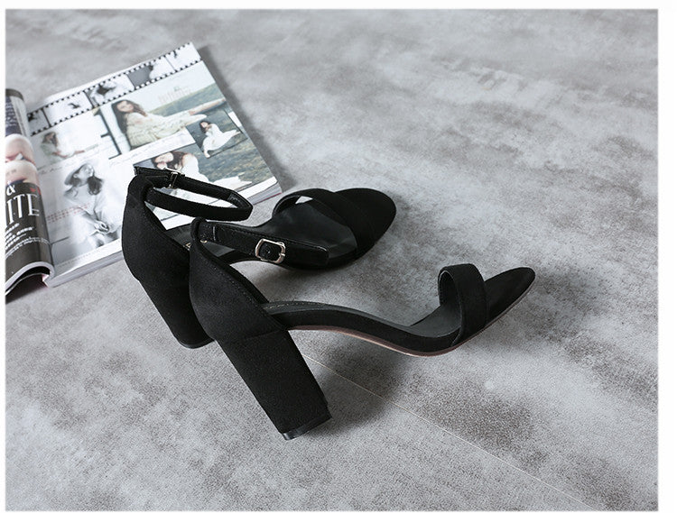 Buckle Strap Chunky Heel Open Toe Black Suede High Heel Sandals 33-41