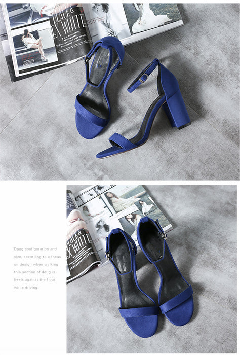 Buckle Strap Chunky Heel Open Toe Black Suede High Heel Sandals 33-41