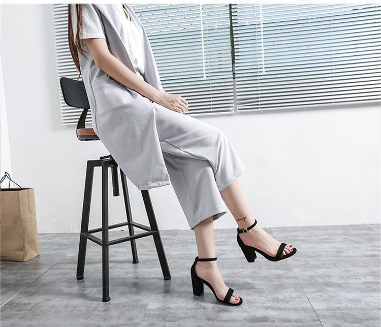 Buckle Strap Chunky Heel Open Toe Black Suede High Heel Sandals 33-41
