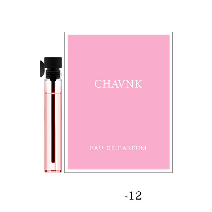 Perfume bottle and pink packaging with 'CHAVNK' branding on a white background