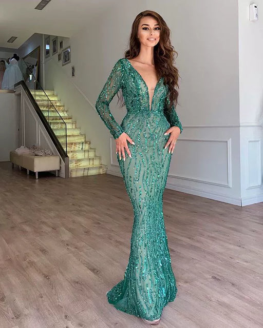 Emerald Green Fishtail Evening Dress with Deep V Neck and Sequins - Dio Kollections