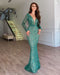 Emerald Green Fishtail Evening Dress with Deep V Neck and Sequins - Dio Kollections