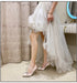 Person wearing a white dress and high-heeled shoes in a bathroom setting.