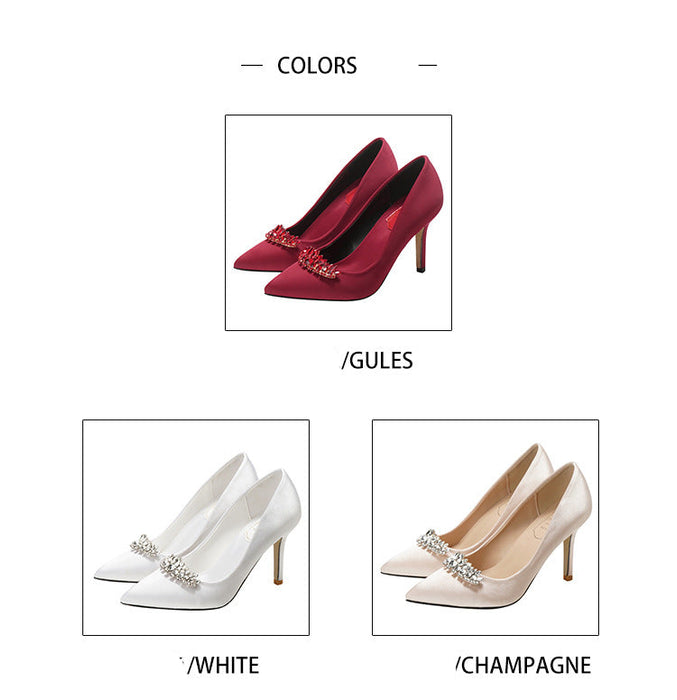 Red, white, and champagne high-heeled shoes with decorative elements on a white background.
