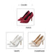 Red, white, and champagne high-heeled shoes with decorative elements on a white background.