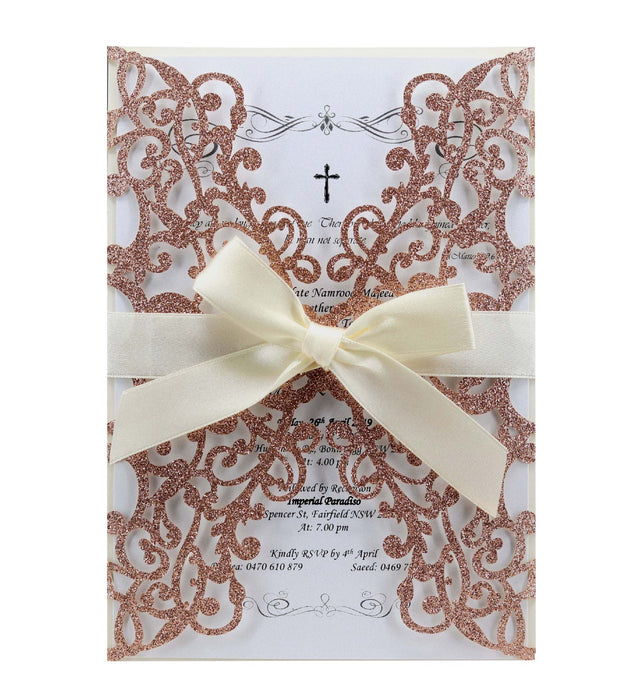 Laser Golden Deep Orchid Wedding Invitation Card Romantic- 10 Pieces