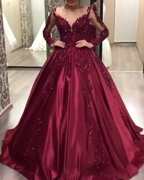 Dio Women's Elegant Long Sleeve Ball Gown Satin Wine Red Women Evening Dresses - Dio Kollections