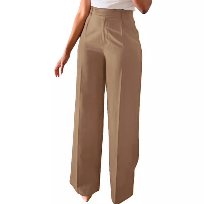 Beige wide-leg pants worn by a person on a white background
