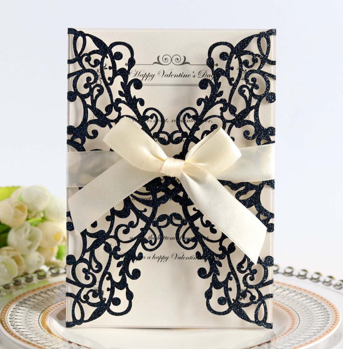 Laser Golden Deep Orchid Wedding Invitation Card Romantic- 10 Pieces