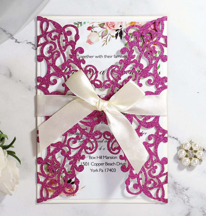 Laser Golden Deep Orchid Wedding Invitation Card Romantic- 10 Pieces