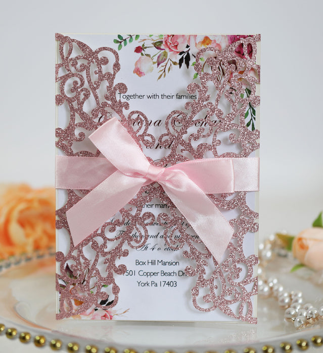 Laser Golden Deep Orchid Wedding Invitation Card Romantic- 10 Pieces