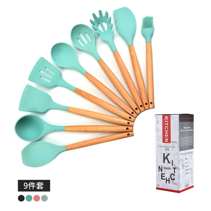 Dio 11pcs Wooden Handle Silicon Utensil Kitchenware Cookware Spatula Soup Spoon Brush Ladle Pasta Colander Non-stick Kitchen Tools - Dio Kollections